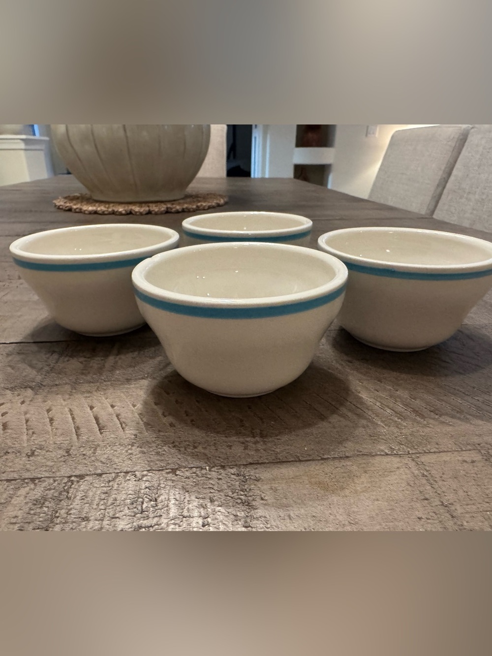 Homer Laughlin Cream Prep/Dessert Bowls with Blue Trim - Set of 4